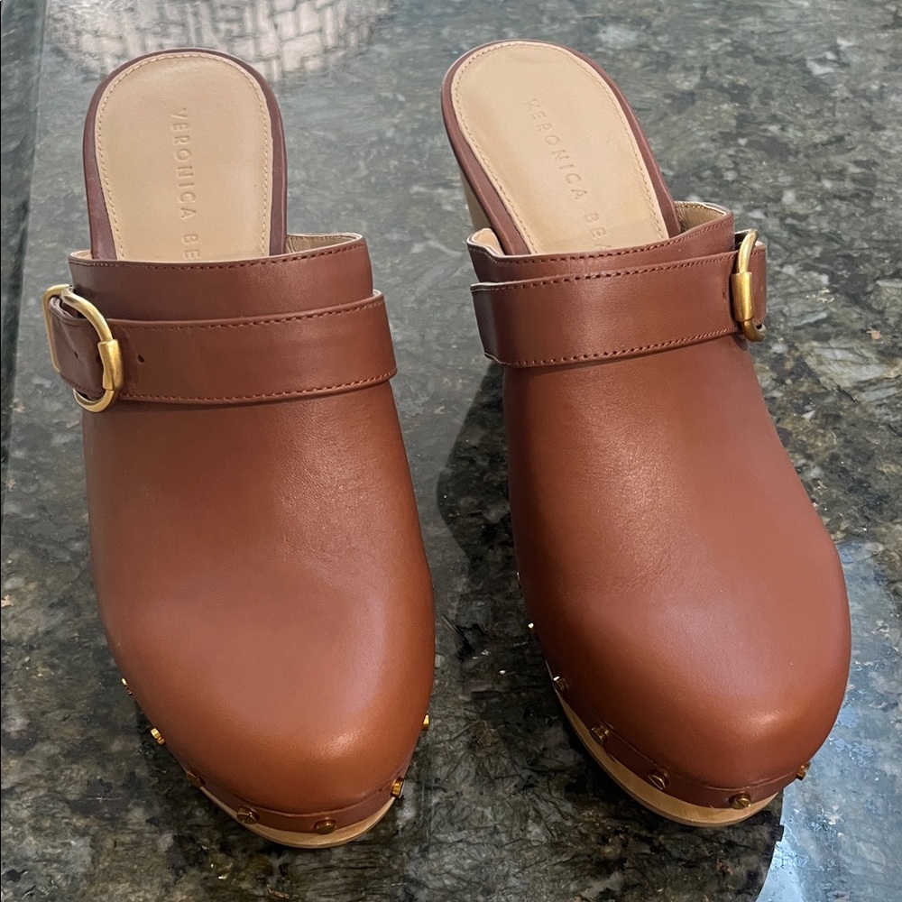 Veronica Beard Brown Leather Clogs with Gold Accent
